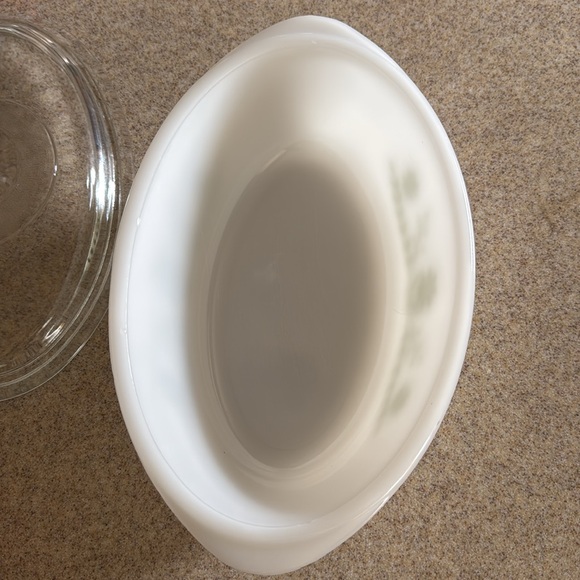 Vintage Glasbake 1 Qt. Oval Covered Casserole/Vegetable Dish w/Green Daisies Lid - Picture 6 of 10